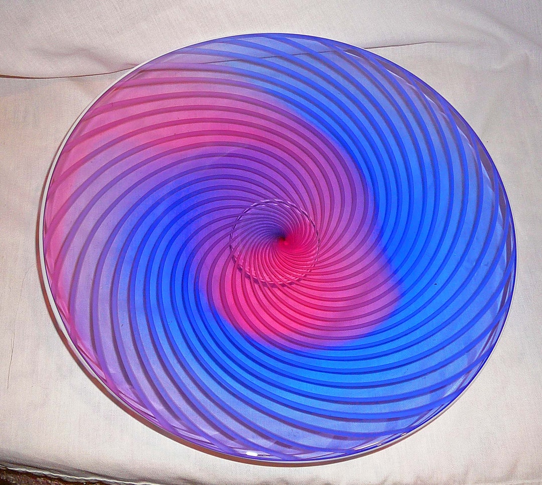 Art Glass Round Platter, Spiral Designed Art Deco Plate, Blown Glass