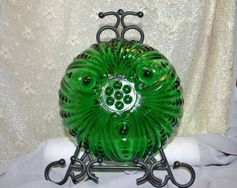 Emerald Forest Green Bubble Hobnail Footed Anchor Hocking Bowl Candy Dish, 3-Toed, Scalloped Rim, Raised Swirls, Burple Pattern