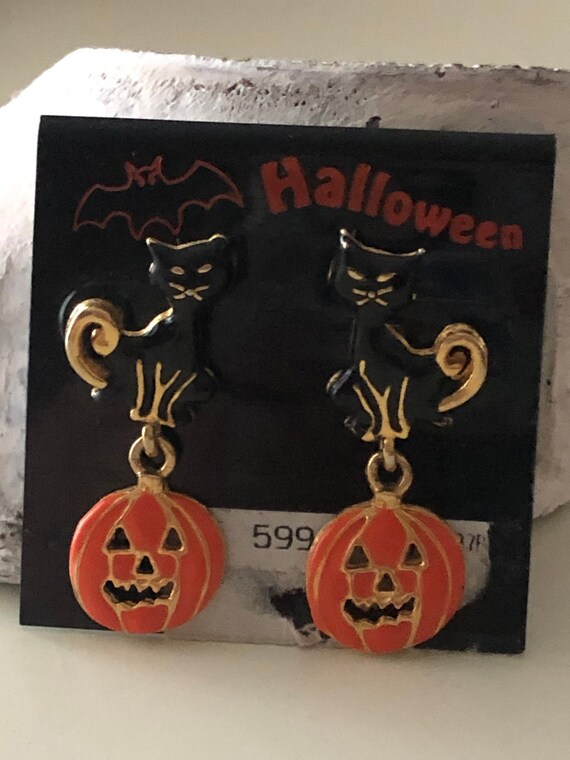 Halloween Black Cat And Jack o Lantern Vintage Ear