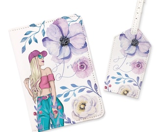 Gift For Her Passport Holder Travel Set Luggage Tag Monogram Travel Set Flowers Printed Custom Cover Outstanding Document Organizer  GC0348