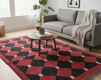 Ręcznie robiony czerwony i czarny diamentowy kilim - geometryczny dywan - tradycyjny południowo-zachodni dywan boho z juty tkany ręcznie - etniczny wystrój domu