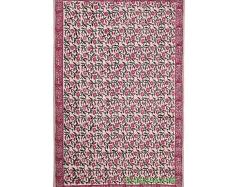 Hand Block Printed Floral Buta Cotton Rug - Mustard and Sage Green Dhurrie - Indian Handwoven Botanical Rug -Vintage Style Boho Kilim Carpet