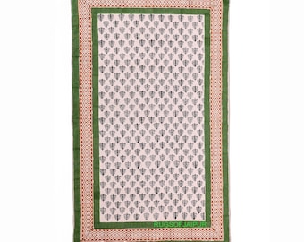 Hand Block Printed Cotton Rug - Green and Terracotta Indian Flatweave Dhurrie - Boho Farmhouse Area Rug - Botanical Leaf Print