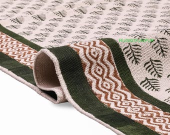 Dywan bawełniany z nadrukiem ręcznym – leśna zieleń, liście, dywan w stylu boho kilim