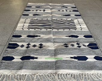 Blauer Boho Kelim Teppich Läufer: Handgewebtes indisches Dekor