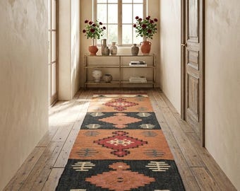 Handwoven Tribal Kilim Rug Runner, Wool Jute Hallway Runner, Vintage Geometric Runner Rug, Boho Southwestern Long Runner