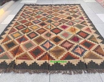 Handgewebter Kelim Teppich, Rauten Muster Wollteppich, Flachgewebe Teppich