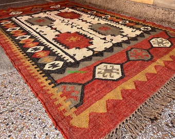 Alfombra Kilim de yute de lana tejida a mano: alfombra de área de decoración india