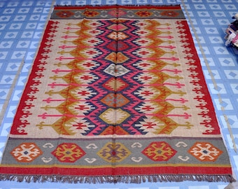 Ręcznie tkany dywan kilim plemienny, czerwony dywan z juty wełnianej, płasko tkany dywan w stylu boho, ręcznie robiony etniczny wystrój domu (8x10)