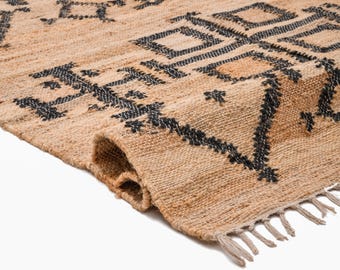 Mixed Texture Geometric Kilim -Handmade Wool Jute Rug -Neutral Area Rug - Tribal Flatweave Carpet -Durable Natural Fiber Rug for Living Room