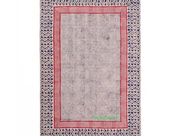 Hand Block Printed Cotton Rug - Blue and Red Geometric Dhurrie - Indian Handwoven Area Rug -Bohemian Kilim Washable for Living Room, Bedroom