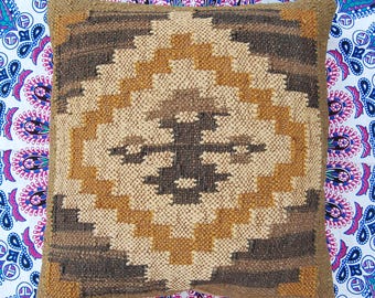 Handmade Wool Jute Kilim Cushion Cover - Earthy Brown & Ochre Geometric Pillow - Rustic Tribal Decorative Throw Pillow - Boho Home Decor