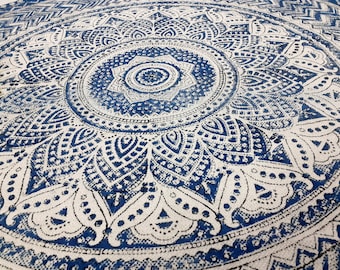 Runder Blauer Baumwollteppich mit Blockprint-Muster, Handgefertigter Mandala-Teppich, Boho-Teppich für Wohnzimmer, Schlafzimmer (130x500)