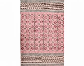 Hand Block Printed Cotton Rug-Pink & charcoal grey Geometric Indian Dhurrie with Tassels | Modern Boho Area Rug, Tribal Washable House Decor