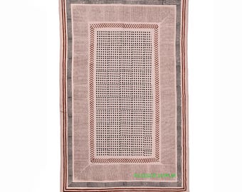 Hand Block Print Cotton Rug - Artisan Geometric Area Rug - White Rug and Black Print Indian Dhurrie - Boho Fringed Flatweave - Cotton Carpet