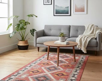 Ręcznie tkany czerwony dywan kilim – geometryczny plemienny wełniany jutowy splot płaski, wystrój boho