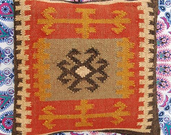 Handwoven Kilim Pillow Cover - 18x18 Decorative Tribal Throw Pillow - Vintage Turkish Style Cushion - Terracotta & Ochre Boho Home Decor