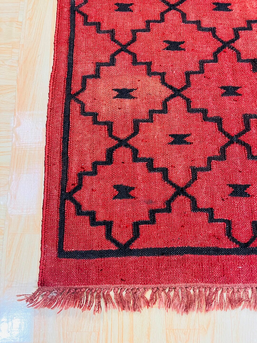 Red African Rug Handwoven Red & Black Tribal Wool Jute Rug, Geometric Area Rug, Vintage ...