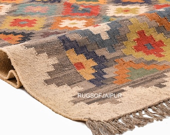 Southwestern Colorful Tribal Diamonds Handwoven Kilim Area Rug with Boho Rug | Vintage Style Wool Jute Carpet