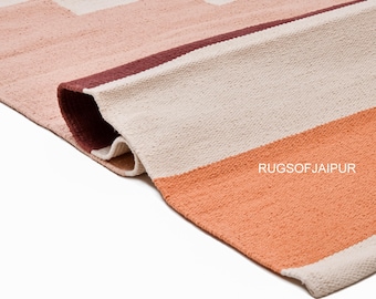Handwoven Abstract Cotton Rug, Geometric Boho Flat Weave Area Rug