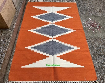 Zuidwestelijk geometrisch katoenen vloerkleed, handgeweven tribal vloerkleed, oranjegrijs boho platgeweven vloerkleed voor woonkamer slaapkamer
