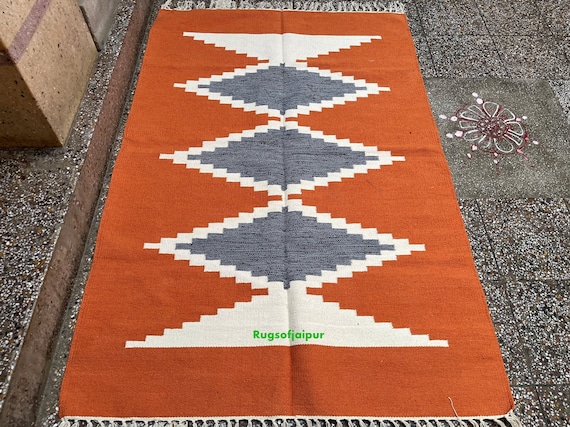 Southwestern Geometric Cotton Rug, Handwoven Tribal Area Rug, Orange Gray Boho Flatweave Rug for Living Room Bedroom