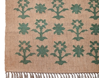 Green Palm Tree Handwoven Jute Wool Rug with Floral Motifs | Natural Boho Area Rug | Eco Friendly Farmhouse Floor Carpet | Living Room Decor