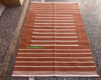 Handwoven Cotton Area Rug, Brown Minimalist Flatweave Rug, Modern Boho Striped Rug for Living Room Bedroom