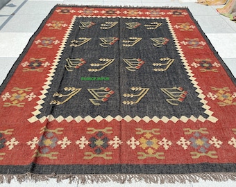 Ręcznie tkany dywan Gabbeh Tribal, dywan z juty w kolorze antracytowym i czerwonej wełny, ręcznie tkany dywan w stylu boho w stylu rustykalnym