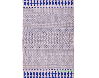 Hand Block Print Cotton Rug - Artisan Mixed Pattern Area Rug - Handwoven White Indian Dhurrie - Large Flatweave Boho Carpet - Textile Crafts