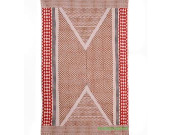 Hand Block Printed Cotton Rug - Geometric Aztec Dhurrie - Orange and Terracotta Tribal Area Rug - Handmade Indian Cotton Rug - Unique Carpet