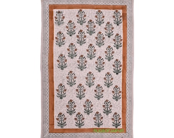 Handmade Block Print Cotton Rug - Mixed Floral & Geometric Area Rug - Indian White Dhurrie - Soft Boho Flatweave -Hand-Stamped Cotton Carpet