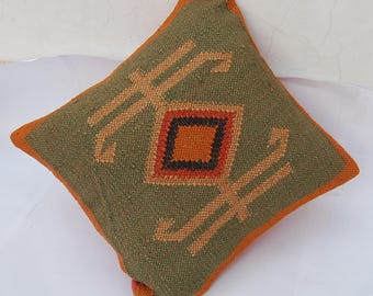 Handmade Kilim Rug Rag Cushion Cover, Aztec & Geometric Design, Woven Pillow Cover for Home Decor, Green and Terracotta Colors