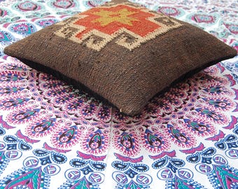 Kilim Cushion Cover, Handwoven Geometric Throw Pillow, Rustic Tribal Decor, Boho Accent Pillow, Ethnic Wool Jute Rug Decorative Cover