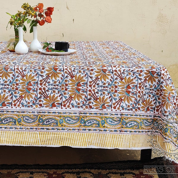 Nappe indienne florale coeur bleu orange, nappe imprimée à la main, décoration de ferme RJVIAT, nappe six places et serviettes avec bordure