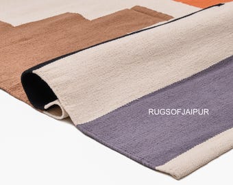 Handwoven Abstract Cotton Rug, Geometric Blocks, Boho Living Room Flat Weave