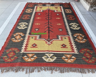 Ręcznie tkany dywan kilim w stylu plemiennym, czerwony dywan z juty wełnianej, płasko tkany dywan w stylu vintage boho, ręcznie robiony geometryczny dywan do salonu
