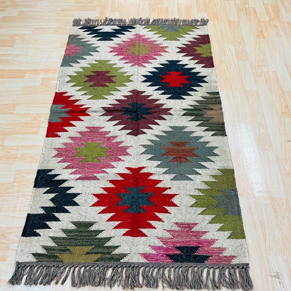 Tapis 3x5 petits tapis Kilim en laine de jute, tapis indien tissé à la main pour salon, 5x3 pieds