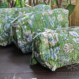 Lot de 3 trousses de maquillage vertes Trousse de toilette en coton matelassée, trousse à cosmétiques indienne, trousse à main RJVIAT - Livraison gratuite