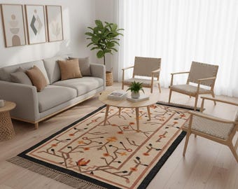 HandKnotted Southwestern Boho Rug | Handwoven Tribal Area Rug with Folk Motifs | Vintage Style Wool Jute Living Room Carpet