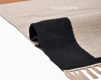 Indian Cotton Kilim Rug – Modern Flatweave Geometric Handwoven Neutral Large Area Rug Runner