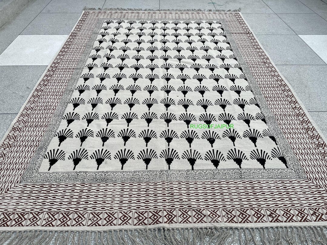 Hand Block Print Cotton Area Rug, Black & White Palm Motif Rug, Boho ...