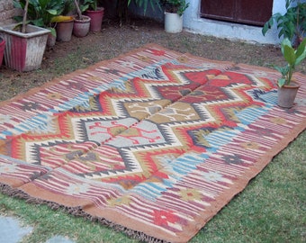 Handwoven Kilim Wool Jute Rug, Large Tribal Geometric Area Rug, Vintage Boho Floor Carpet, Rustic Ethnic Home Decor