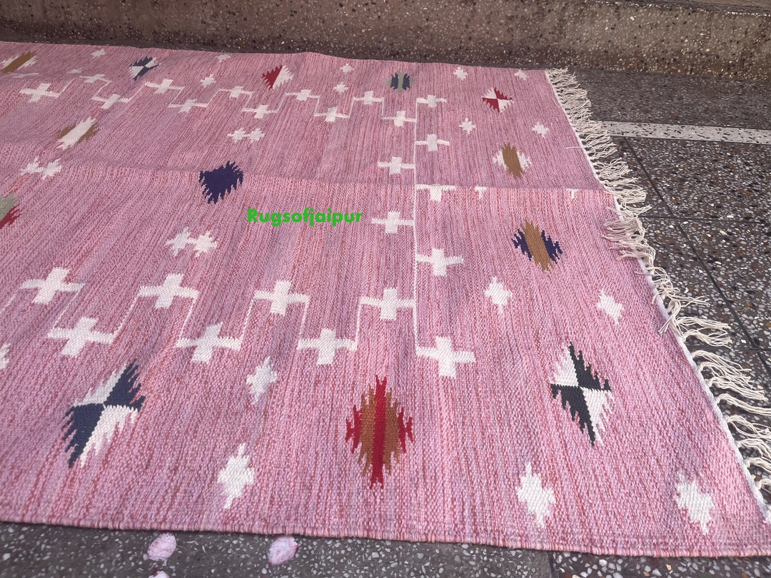 Indian Pink Cotton Rug: Hand Woven Bohemian Rug - Etsy