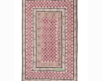 Hand Block Printed Red Floral Lattice Cotton Rug - Indian Handwoven Dhurrie-Traditional Jaipur Block Print Rug -Bohemian Red and Green Kilim
