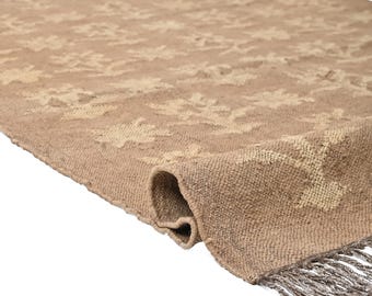 White Palm Tree | Handwoven Beige Wool Jute Area Rug with Subtle Floral Pattern | Neutral Boho Rug | Natural Farmhouse Living Room Carpet
