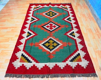 Handwoven Tribal Wool Jute Rug, Green & Red Kilim Area Rug, Vintage Geometric Boho Carpet, Rustic Ethnic Home Decor