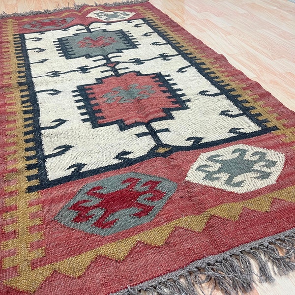 5x7 Kilim Area Wool Jute Rug HomeDecor Rugs, Coustme Size Wool Rug, Vintage Area Rug, Boho Decor Rug, Handmade Wool Jute Rug