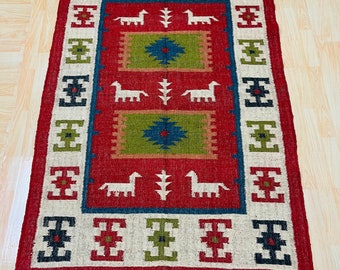 Handwoven Tribal Wool Jute Rug with Animal Motifs, Folk Art Area Rug, Vintage Boho Kilim Carpet, Rustic Ethnic Decor 10x14 Feet