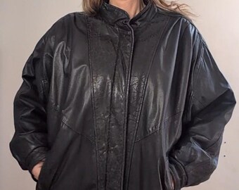 80's Vintage Hip Length Soft Leather Blk Bomber Jacket